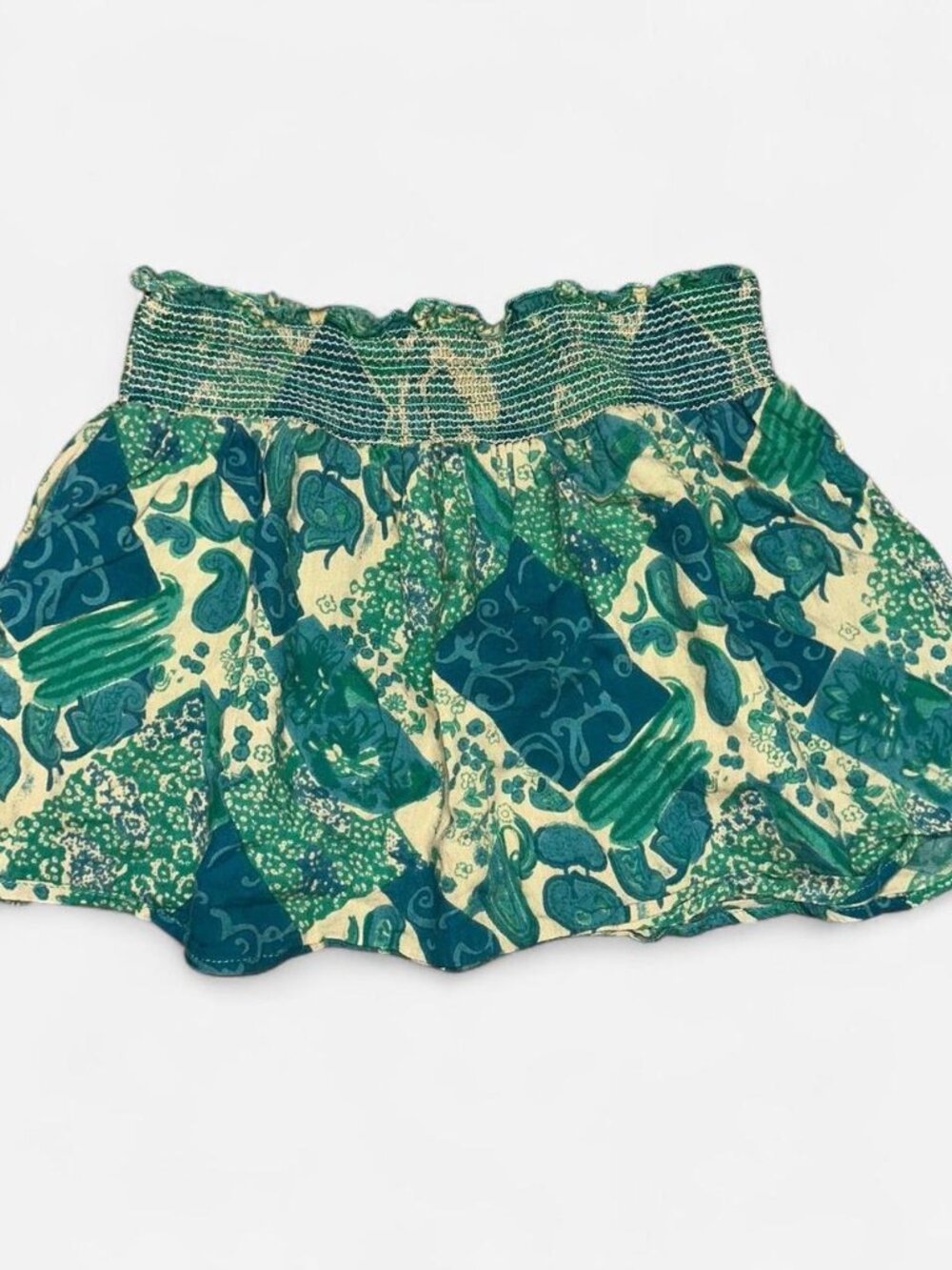 Wet Seal Green Teal and Tan print mini skirt with elastic waistband